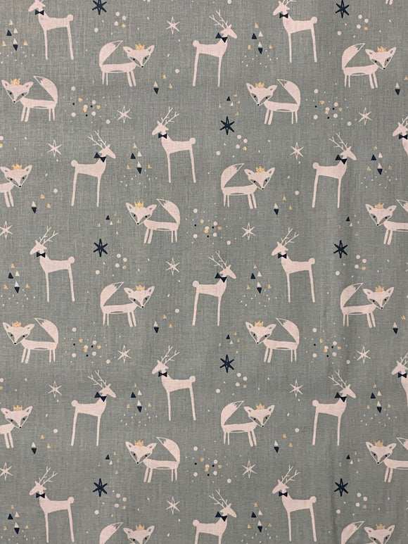 Pale Blue Reindeer & Fox Print Fabric